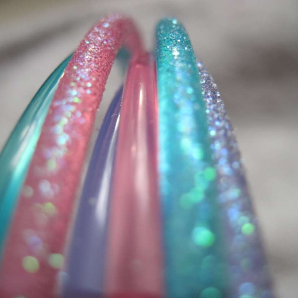 6 Goody Girls Skinny Thin Plastic Glittery Pastel Head Bands Purple Pink Blue